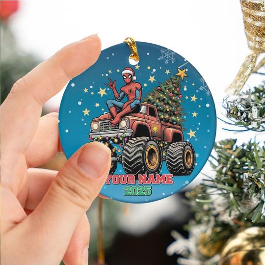 Personalized Marvel Spider-man Monster Truck Ceramic Ornament, Custom Christmas Ornament