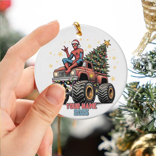 Personalized Marvel Christmas Spider-man Monster Truck Ceramic Ornament