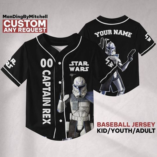 Personalize Starwar Captain Rex Black Jersey Baseball, Custom Family Matching Shirts for Universe Gift for Star Wars Fans