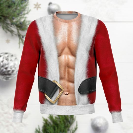 Santa Claus Christmas Ugly Sweater, Six Pack Sweater, Fun Xmas Gift For Men Women, Holiday Party Gift