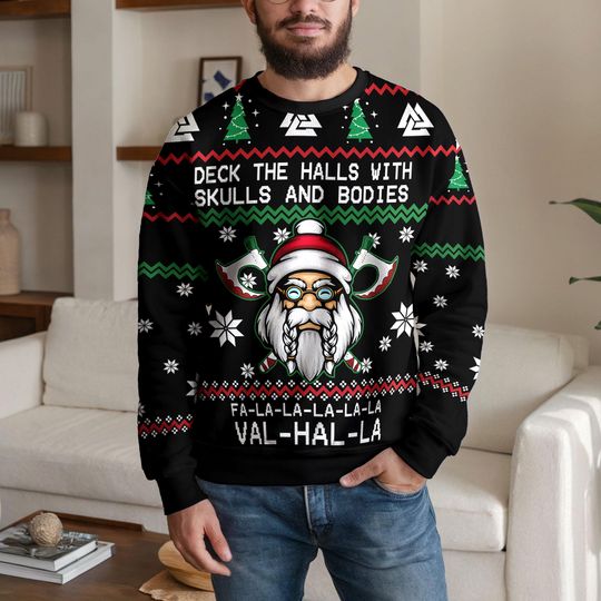 Funny Viking Christmas Sweater for Men Women, Deck the Halls With Skull And Body Valhalla Ugly Xmas Sweatshirt