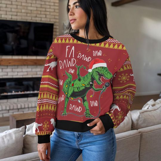 Funny Dinosaur Ugly Christmas Sweater for Men Women, Singing T-Rex Fa Rawr Rawr Sweatshirt with Santa Hat and Lights, Holiday Party Outfit