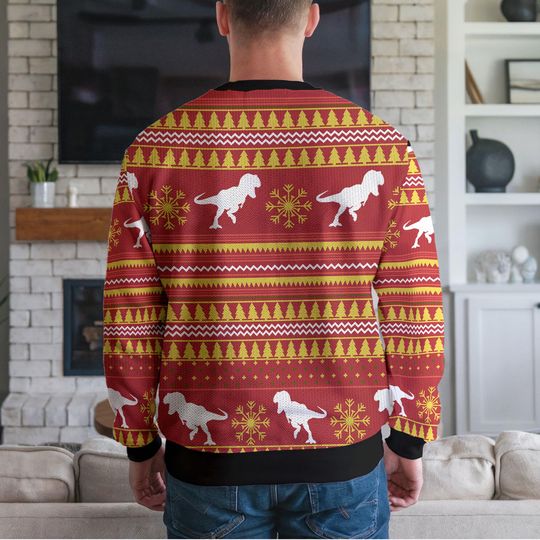 Funny Dinosaur Ugly Christmas Sweater for Men Women, Singing T-Rex Fa Rawr Rawr Sweatshirt with Santa Hat and Lights, Holiday Party Outfit