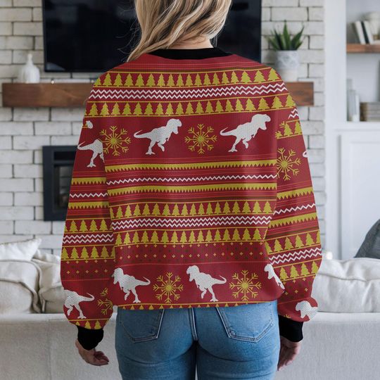 Funny Dinosaur Ugly Christmas Sweater for Men Women, Singing T-Rex Fa Rawr Rawr Sweatshirt with Santa Hat and Lights, Holiday Party Outfit