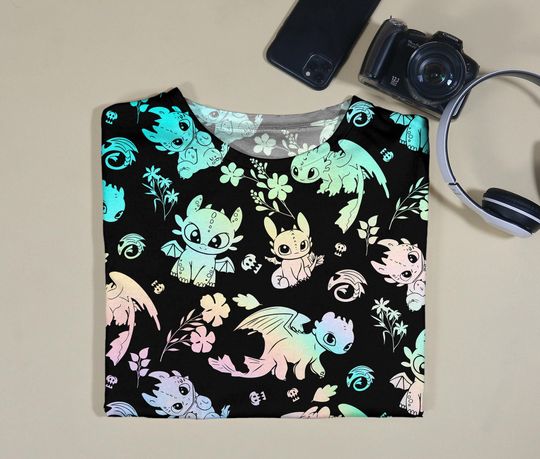 Colorful Toothless Dragon T-Shirt, Cute Cartoon Dragon Tee