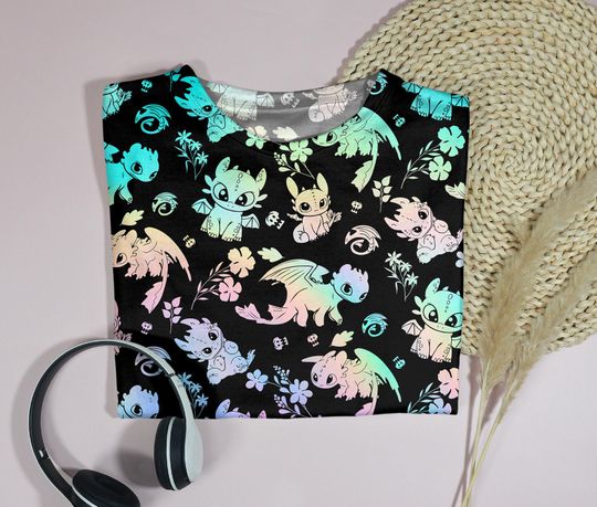 Colorful Toothless Dragon T-Shirt, Cute Cartoon Dragon Tee