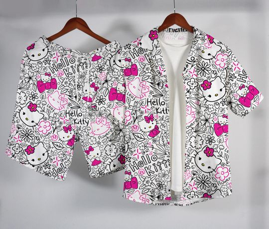 Hello Kitty Hawaiian Shirt Tropical Button Up Shirt Summer Aloha Hawaii Set