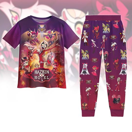 Hazbin Hotel T-Shirt And Pants Set, Lucifer Alastor Charlie Morningstar Pajamas Set, Hazbin Fans Outfit, Vintage Anime Movie Lover Tee