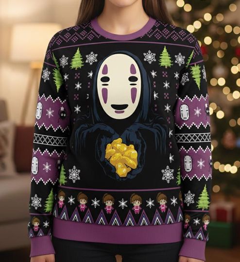 Spirited Away Christmas Ugly Sweater, No Face Sweater Anime Holiday, Gift for Men Women, Xmas Gift