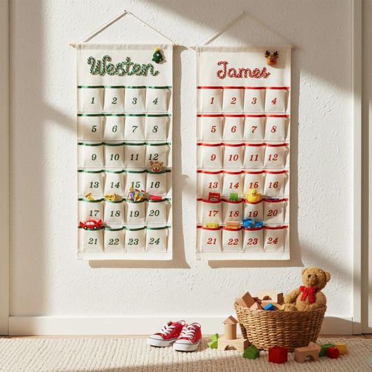 Personalized Fabric Advent Calendar with Name (Printed), 24 Pockets, Holiday Countdown Decor for Kids
