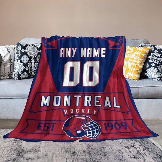 Montreal Custom Ice Hockey Blanket with Name & Number - Personalized Throw Blanket - Hockey Gifts for Kids, Adults, Players, Coaches
