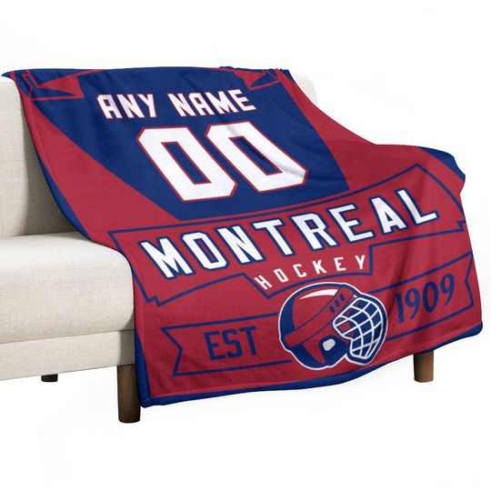 Montreal Custom Ice Hockey Blanket with Name & Number - Personalized Throw Blanket - Hockey Gifts for Kids, Adults, Players, Coaches