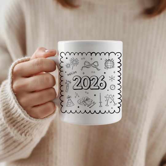 2026 Collage Mug with Hand-Drawn Festive Elements | New Years Cup for Her
