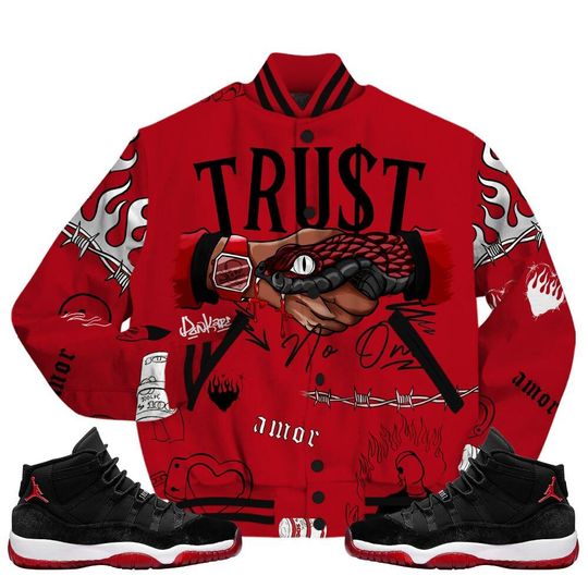 Bred Velvet 11s Varsity Jacket, Trust No One Baseball Jackets