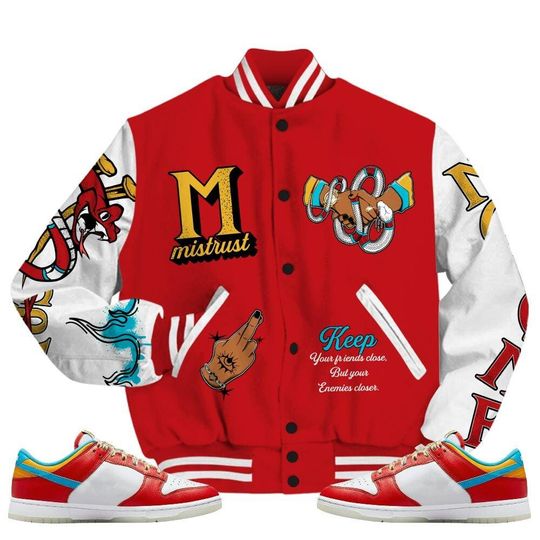 Dunk Low Fruity Pebbles Varsity Jacket, Trust No One Snake-Bite Street Style Baseball Jackets