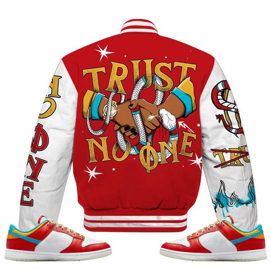 Dunk Low Fruity Pebbles Varsity Jacket, Trust No One Snake-Bite Street Style Baseball Jackets