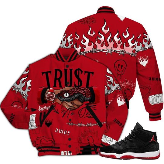 Bred Velvet 11s Varsity Jacket, Trust No One Baseball Jackets