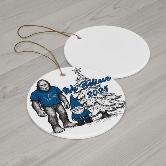 Detroit Football Big Foot and Gnome Believe Ornament, Lions Ornament