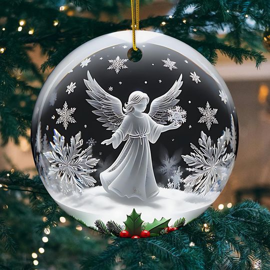 3D Illusion Angel Christmas Ornament: Flat Ceramic Holiday Decor