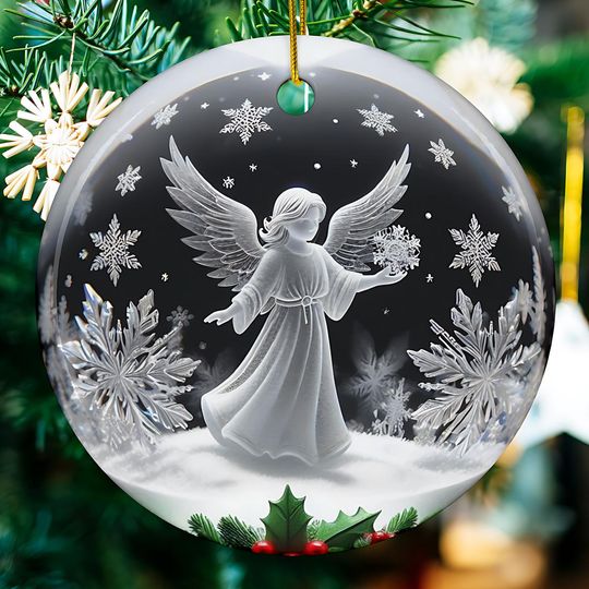 3D Illusion Angel Christmas Ornament: Flat Ceramic Holiday Decor