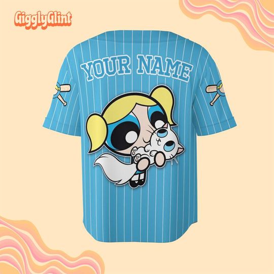 Personalize Bubbles Jersey Blue White, Funny Powerpuff Girls 90s Cartoons, Retro Power Puff Girls Family Jersey, Birthday Gift For Fans