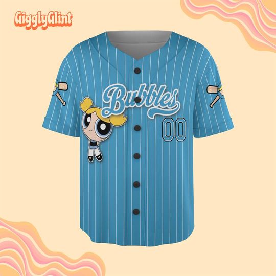 Personalize Bubbles Jersey Blue White, Funny Powerpuff Girls 90s Cartoons, Retro Power Puff Girls Family Jersey, Birthday Gift For Fans