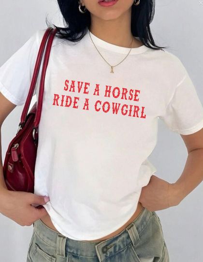 Save a horse ride a cowgirl baby tee, Cowboy western aesthetic shirt, Crop top, Summer Festival outfit, Trendy y2k baby tee, gift for her