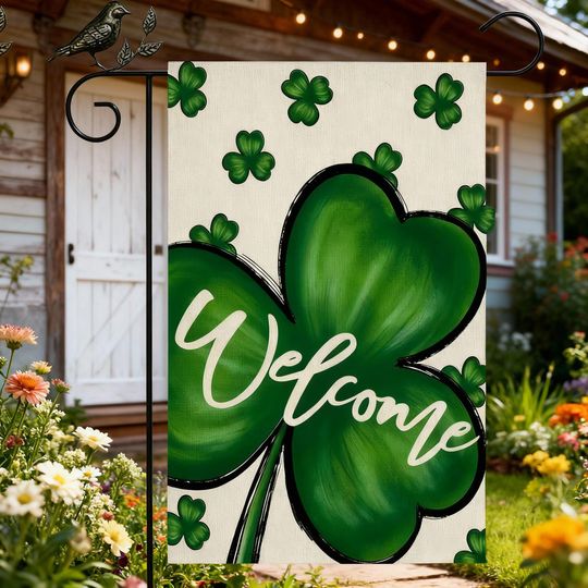 St Patrick Shamrock Welcome Garden Flag Lucky Clover Outdoor Decor