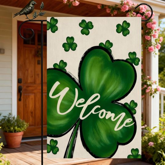 St Patrick Shamrock Welcome Garden Flag Lucky Clover Outdoor Decor