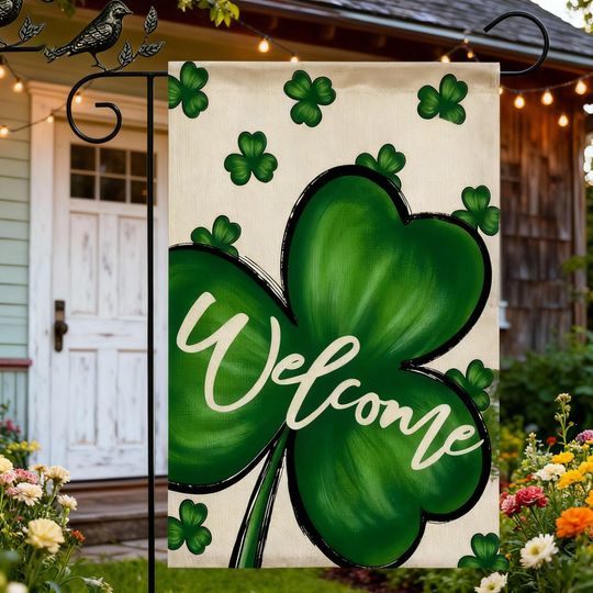 St Patrick Shamrock Welcome Garden Flag Lucky Clover Outdoor Decor