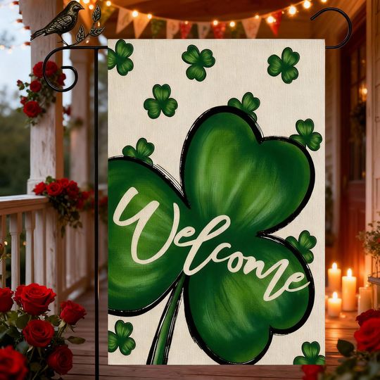 St Patrick Shamrock Welcome Garden Flag Lucky Clover Outdoor Decor