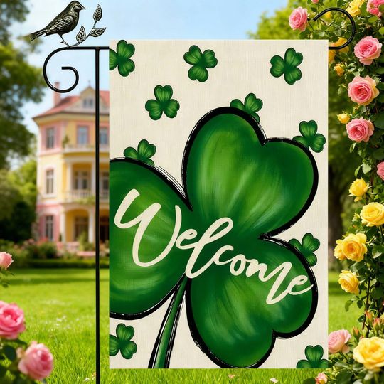 St Patrick Shamrock Welcome Garden Flag Lucky Clover Outdoor Decor