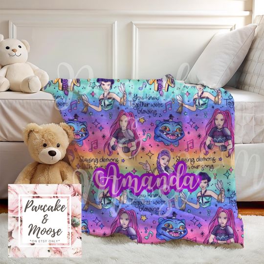 Custom Kpop Demon Hunters Blanket, Personalized Name Throw featuring Mira Rumi Zoey and Derby