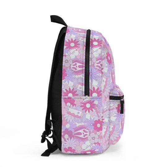 Pastel Horror Floral Backpack - Cute Scary Face & Dagger Print in Pink and Purple