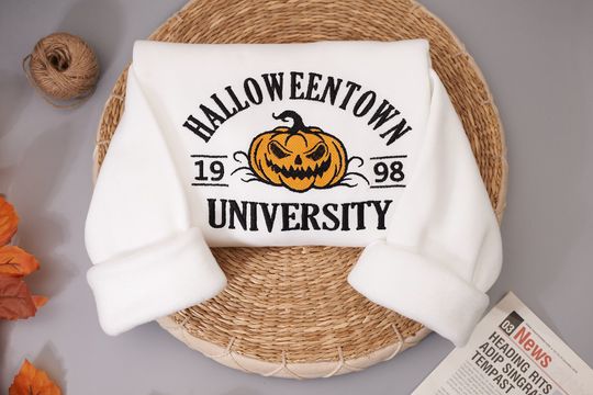 Halloween Town Embroidery Sweatshirt, Vintage Halloween Sweatshirt