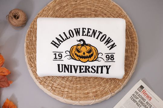 Halloween Town Embroidery Sweatshirt, Vintage Halloween Sweatshirt