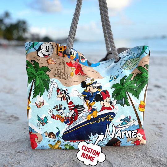 Personalize Mickey Mouse And Friend Beach Bag, Mickey Cruise Tote Bag, Custom Name Character Movie Bag, Summer Trip Gift For Mom, Daughter