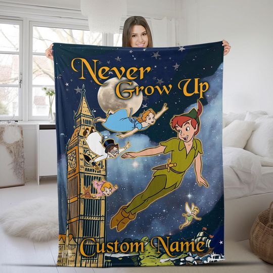 Personalized Watercolor Disney Peter Pan Blanket, Peter Pan Wendy Tinker Bell