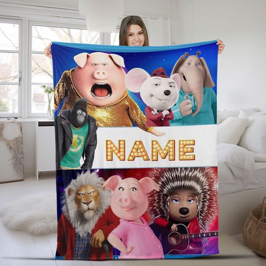 Personalize Sing Pig Blanket, Sing 2 Movie Cartoon Blanket, Birthday Sing Pig Name Blanket