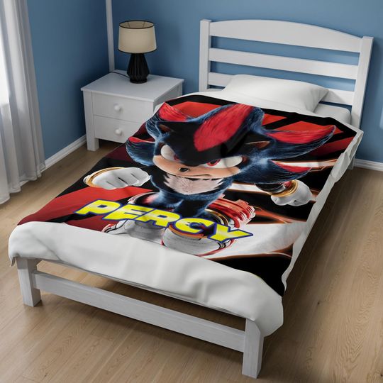 Custom Sonic Shadow Blanket, Personalized Cartoon Hedgehog Minky Sherpa Blanket