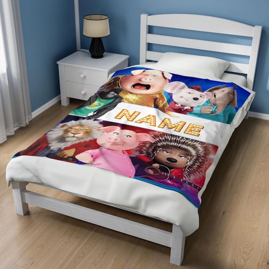 Personalize Sing Pig Blanket, Sing 2 Movie Cartoon Blanket, Birthday Sing Pig Name Blanket