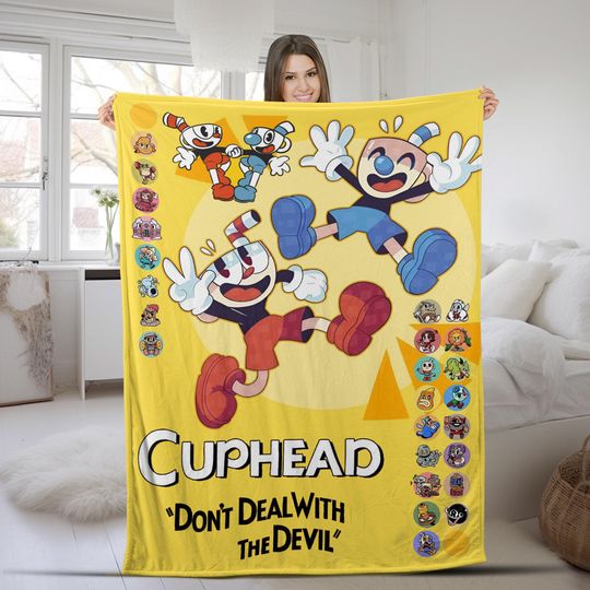 Personalized Cuphead Blanket, Custom Name Blanket, Cuphead Christmas Blanket