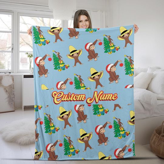 Personalized Curious George Christmas Blanket, Curious George Christmas Blanket