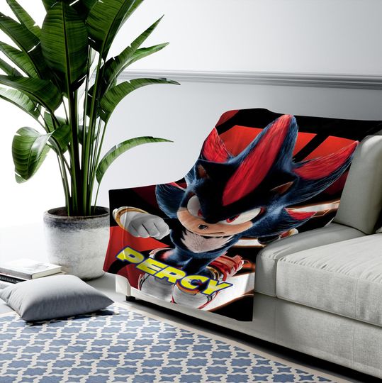 Custom Sonic Shadow Blanket, Personalized Cartoon Hedgehog Minky Sherpa Blanket
