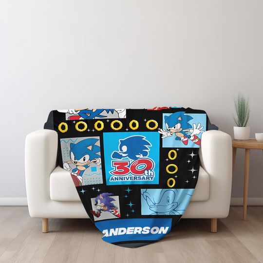 Custom Sonic The Hedgehog Blanket, Personalized Cartoon Hedgehog Minky Sherpa Blanket