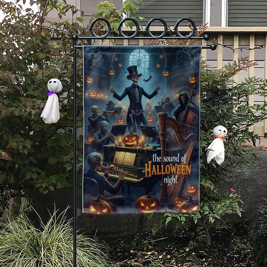 Skeleton Orchestra Halloween Garden Flag. Haunted Concert Yard Decor