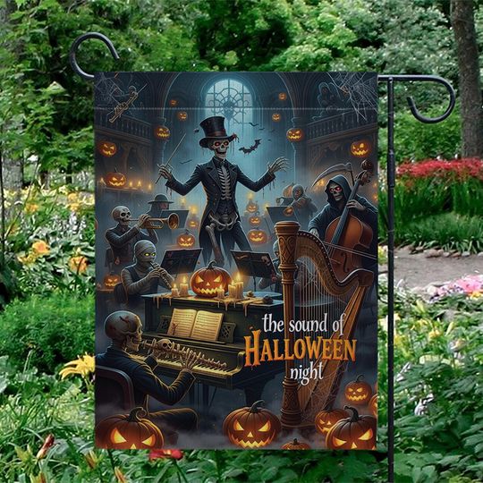 Skeleton Orchestra Halloween Garden Flag. Haunted Concert Yard Decor