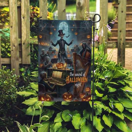 Skeleton Orchestra Halloween Garden Flag. Haunted Concert Yard Decor
