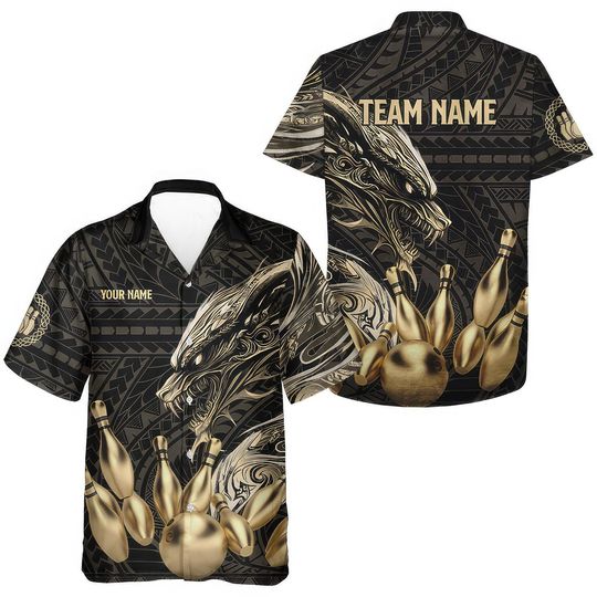 Personalized Dragon Tribal Bowling Hawaiian Shirt, Custom Black and Gold Retro Button-Up