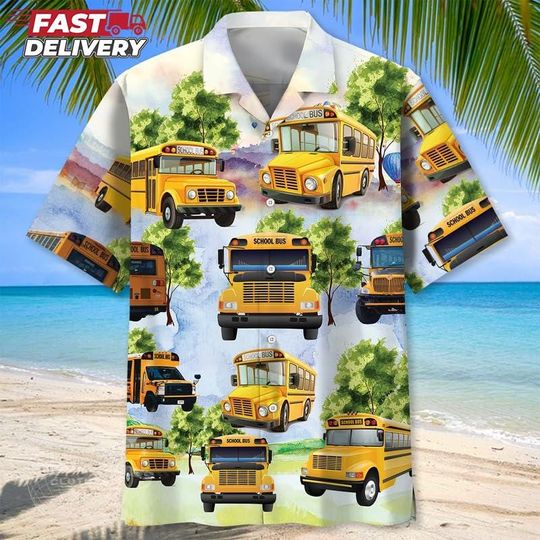 School Bus Hawaiian Shirt for Men  Fun Bus Driver Shirt Gift, Tropical Floral Print for Male Drivers, Casual Uniform for Summer Days